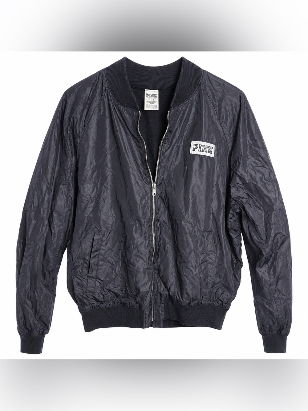 PINK Victoria’s Secret Black Bomber Jacket Large Y2K Spell Out Logo